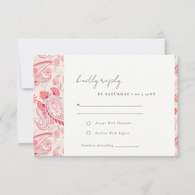 Classy Modern Blush Paisley Typography Wedding RSVP Card (Front)