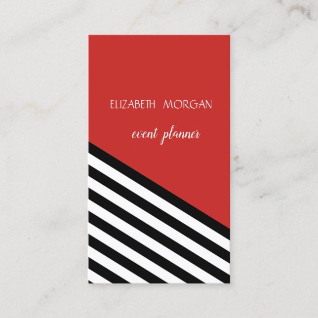 Classy Modern Geometric, Red, Black White Stripes Business Card (Front)