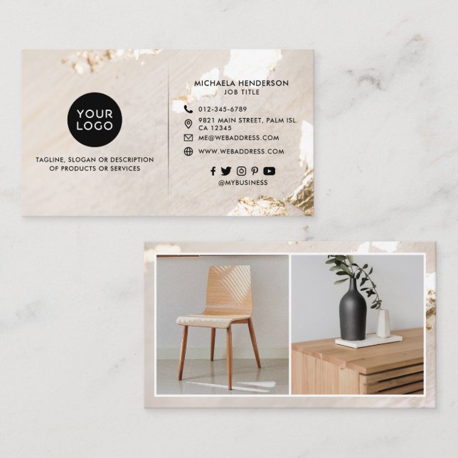 Classy Modern Gold Foil Logo 2 Photos Social Media Business Card (Front/Back)
