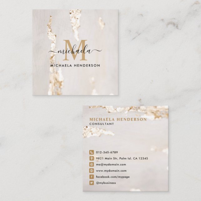 Classy Modern Gold Foil Monogram Initial & Name Square Business Card (Front/Back)