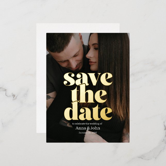 Classy Modern Gold Foil Save the Date Card (Front/Back)
