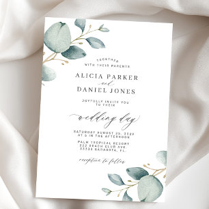 Classy modern minimal eucalyptus greenery wedding invitation