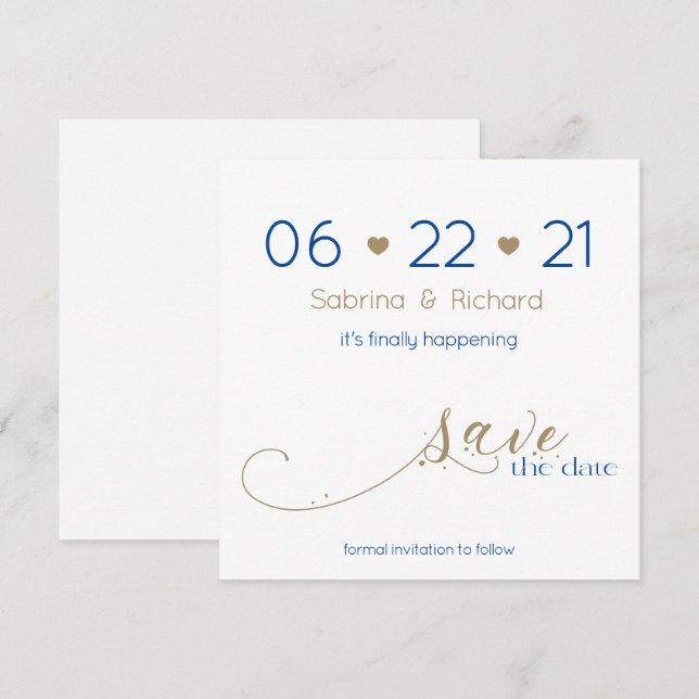 Classy Modern Minimalist Gold Navy Save the Date Invitation (Front/Back)
