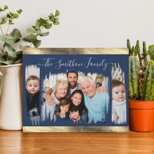 Classy Modern Navy Blue Gold Add Your Photo Family Plaque