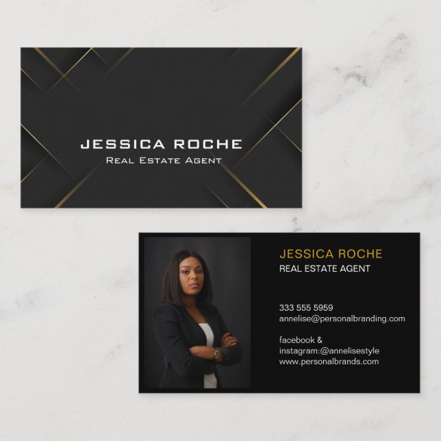 Classy Modern Professional Navy Blue Gold Photo  Business Card (Front/Back)