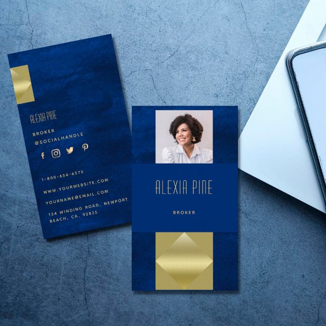 Classy Modern Professional Navy Blue Gold Photo Business Card (Creator Uploaded)