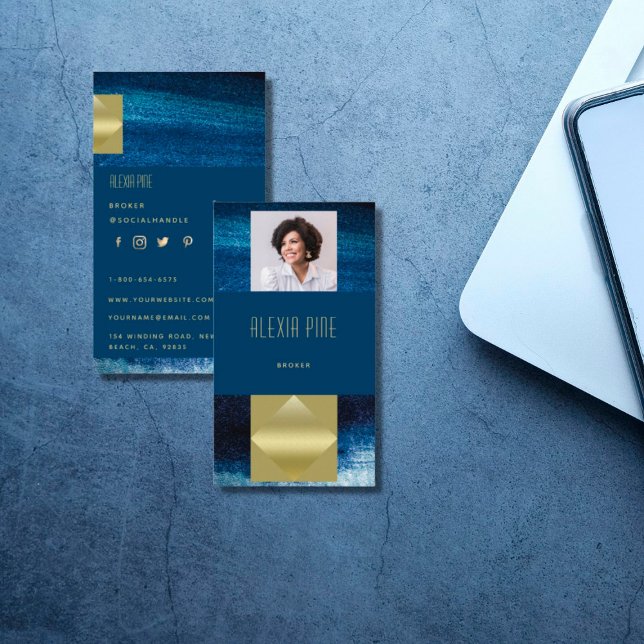 Classy Modern Professional Ocean Blue Gold Photo Business Card (Creator Uploaded)