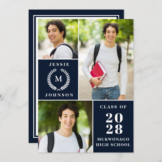 Classy Modern Simple 3 PHOTO Graduation Party Invitation (Front/Back)