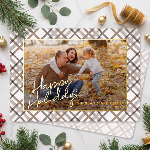 Classy Modern Taupe Brown Beige Plaid Pattern Gold Foil Holiday Card