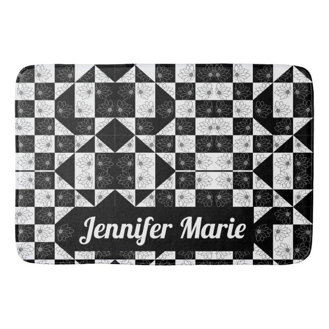 Classy monochrome chequered floral triangles bath mat (Front)
