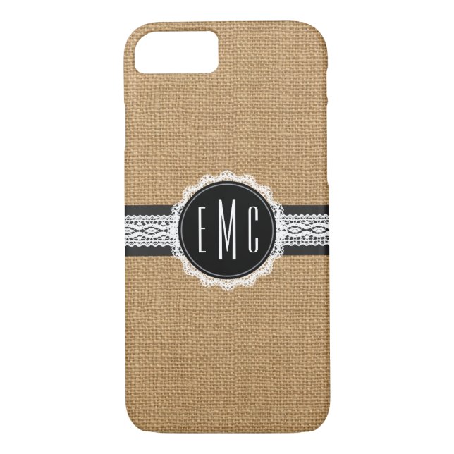 Classy Monogram 3 Initials Burlap iPhone 7 Case (Back)