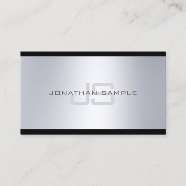 Classy Monogram Artistic Silver Look Plain Luxury Business Card (Front)