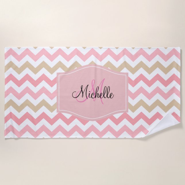 Classy Monogram Chevron Stripes Pattern Beach Towel (Front)