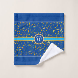 Classy Monogram FAUX Gold Music Notes on BLUE Bath Towel Set