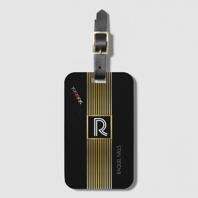 classy monogram gold/black luggage tag (Front Vertical)