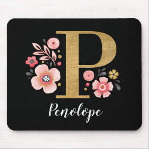 Classy Monogram Initial Pink Black Letter P Mouse Pad