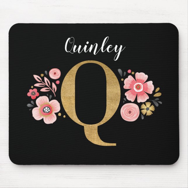 Classy Monogram Initial Pink Black Letter Q Mouse Pad (Front)