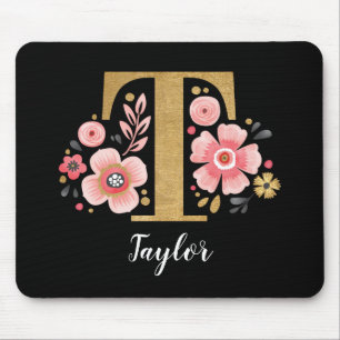 Classy Monogram Initial Pink Black Letter T Mouse Pad
