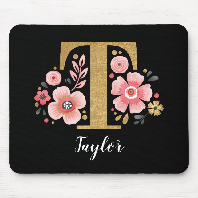 Classy Monogram Initial Pink Black Letter T Mouse Pad (Front)