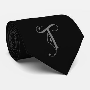 Classy Monogram Initial T, Grey on Black Tie