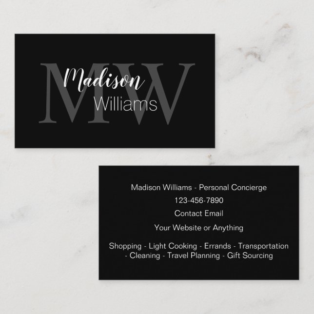 Classy Monogram Personal Assistant Business Cards (Front/Back)