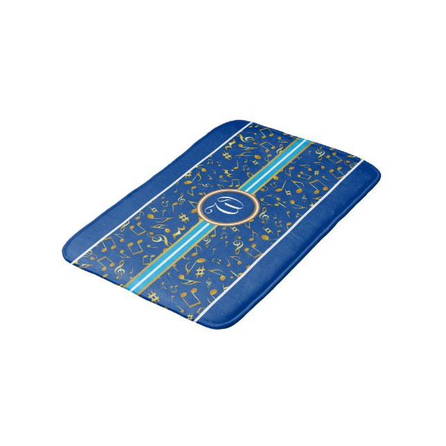 Classy Monogram with Gold Music Notes on BLUE Bath Mat (Angled)