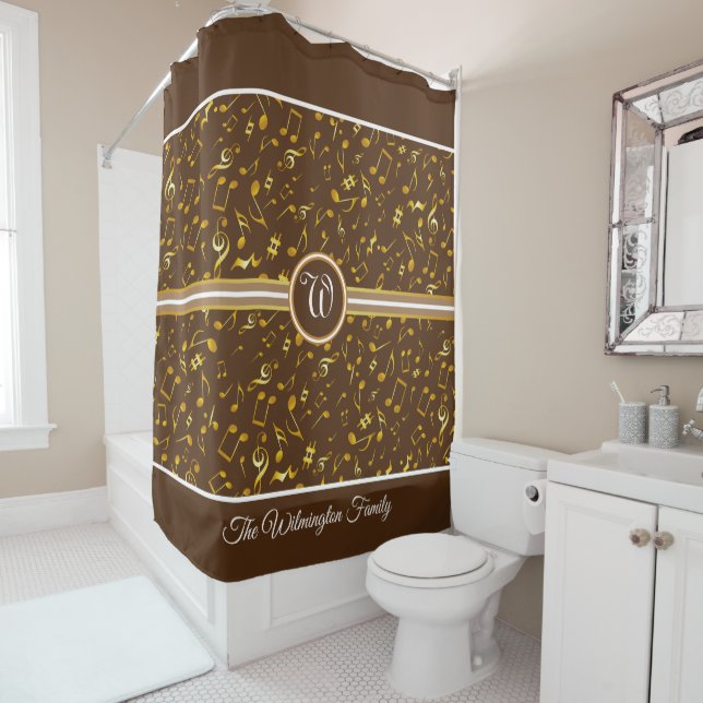 Classy Monogram with Gold Music Notes on BROWN Shower Curtain (In Situ)