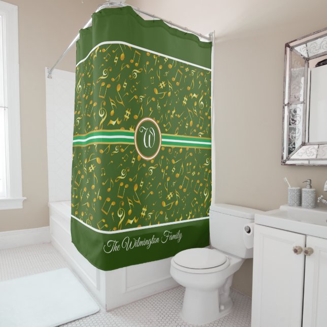 Classy Monogram with Gold Music Notes on GREEN Shower Curtain (In Situ)