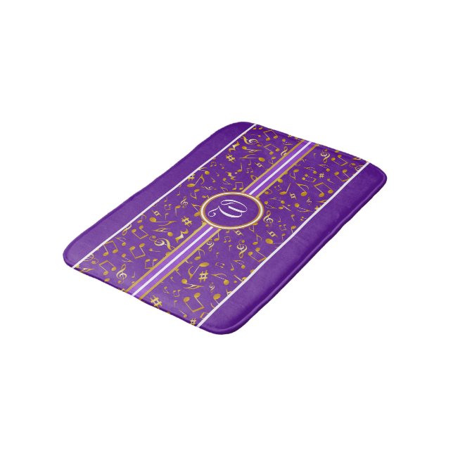 Classy Monogram with Gold Music Notes on PURPLE Bath Mat (Angled)