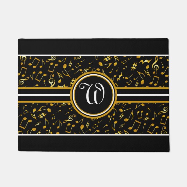 Classy Monogram with Golden Music Notes on BLACK Doormat (Front)