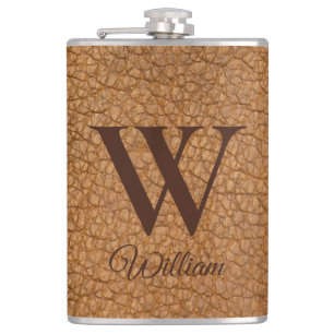 Classy Monogrammed Initial Brown Faux Leather Fla Hip Flask