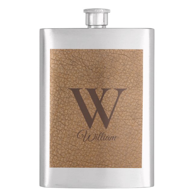Classy Monogrammed Initial Brown Faux Leather  Hip Flask (Front)