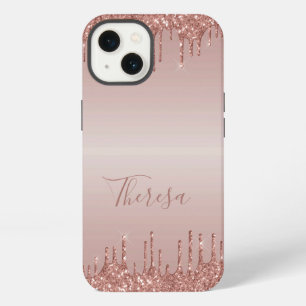 Classy Monogrammed Rose Gold Dripped Glitter iPhone 13 Case