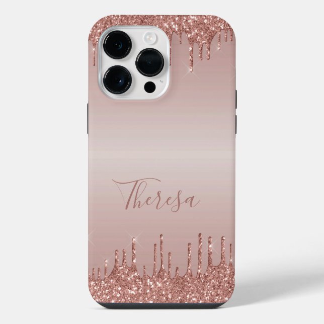 Classy Monogrammed Rose Gold Dripped Glitter iPhone Case (Back)