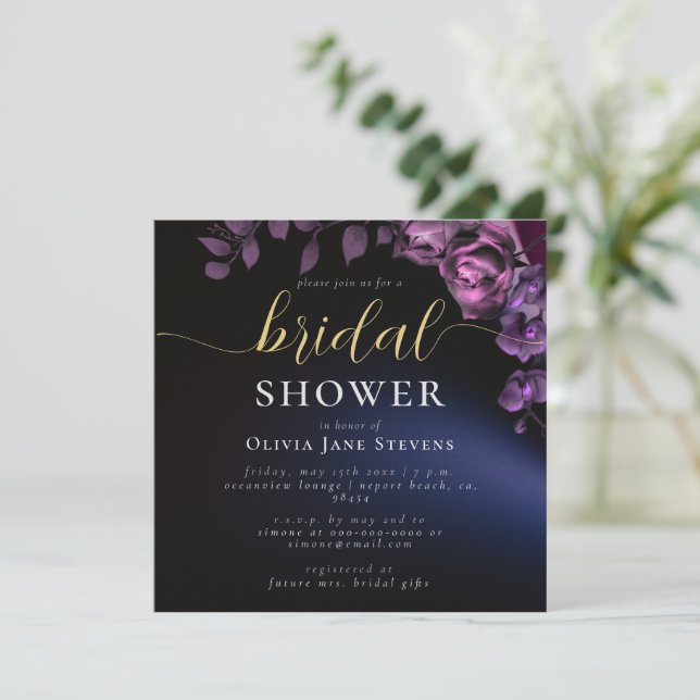 Classy Moody Black Dark Purple Roses Bridal Shower Invitation (Standing Front)