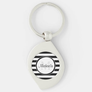 Classy Name With Chunky Black and White Stripes Key Ring