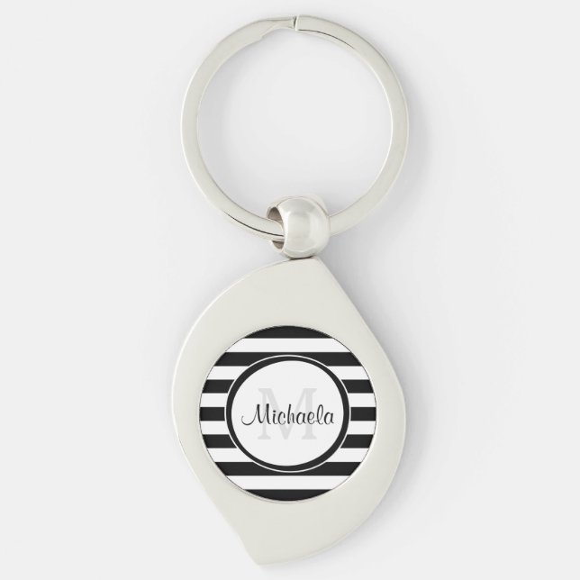 Classy Name With Chunky Black and White Stripes Key Ring (Front)