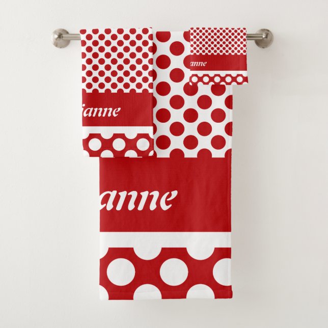 Classy Named Red Polka Dot Bath Towel Set (Insitu)