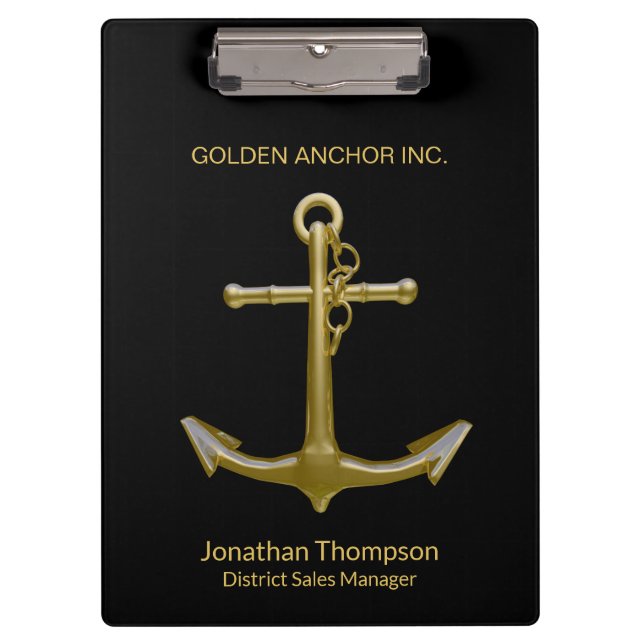 Classy Nautical Gold Anchor on Black Clipboard (Front)