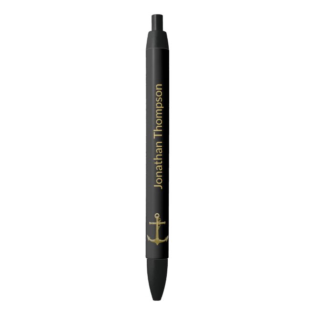 Classy Nautical Gold Anchor on Black Ink Pen (Front Vertical)