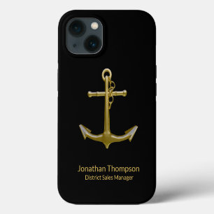 Classy Nautical Gold Anchor on Black iPhone 13 Case