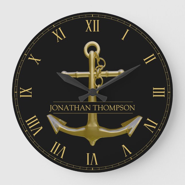 Classy Nautical Gold Anchor on Black Large Clock (Front)