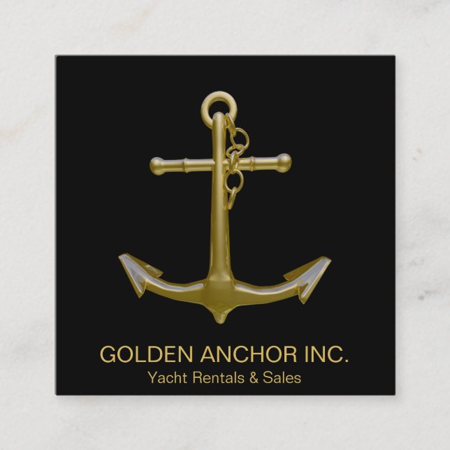 Classy Nautical Gold Anchor on Black Square Business Card (Front)