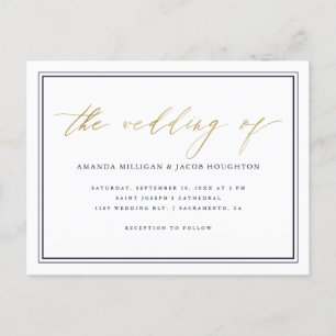 Classy Nautical Navy Blue & Gold Script Wedding Invitation Postcard