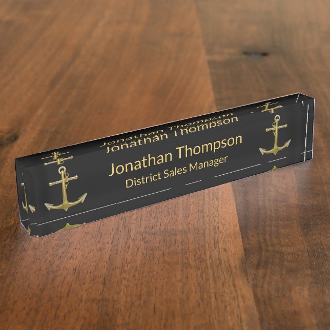 Classy Nautical Two Gold Anchor on Black Nameplate (Side)