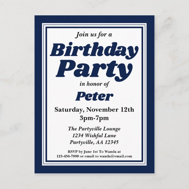 Classy Navy Blue Adult Birthday Party Invitation Postcard (Front)