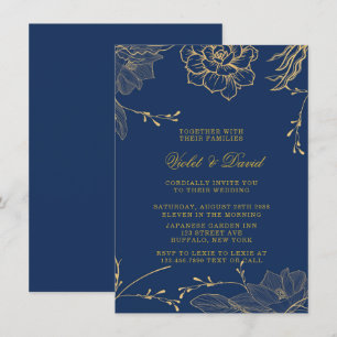 Classy Navy Blue and Gold Florals Wedding Invitati Invitation