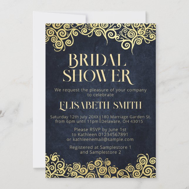 Classy Navy Blue And Gold Swirl Chic Bridal Shower Invitation (Front)