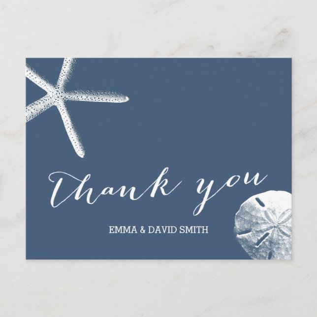 Classy Navy Blue Beach Theme Wedding Thank You Postcard (Front)