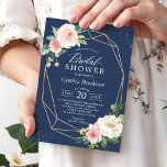 Classy Navy Blue Blush Pink Floral Bridal Shower Invitation<br><div class="desc">Celebrate the bride-to-be with this "Navy Blue Blush Pink Floral Bridal Shower Invitation" that features a Modern Geometric Frame and Blush Watercolor Peonies. It's easy to customise this design to be uniquely yours. For further customisation, please click on the "customise further" link and use our design tool to modify this...</div>